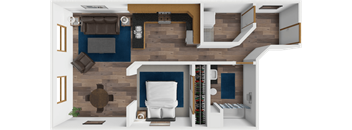 A 3D rendered image of a modern interior design layout.