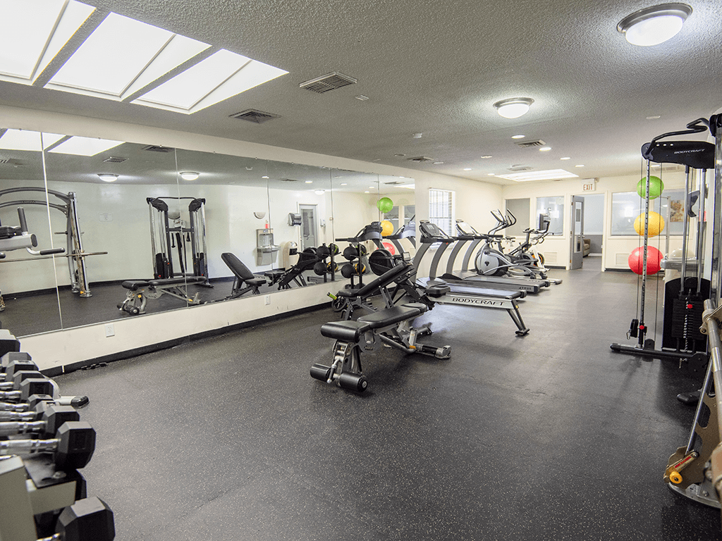 apartment gym with a variety of equipment including treadmills, weights, and exercise balls