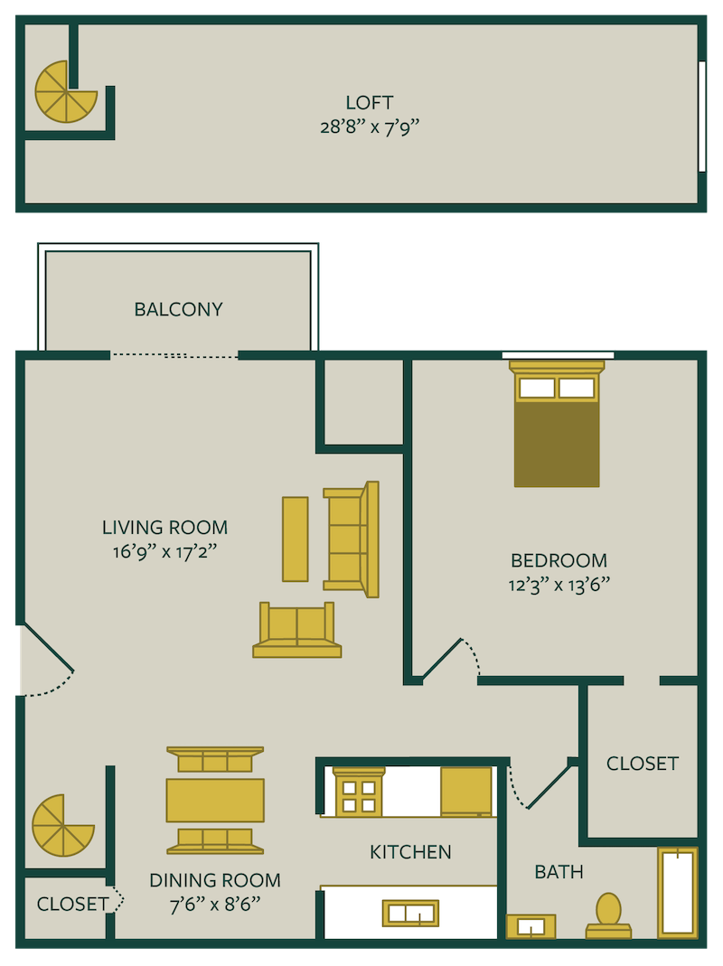 one bedroom one bath floor plan with loft