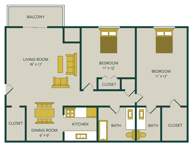 two bedroom one and a half bath floor plan