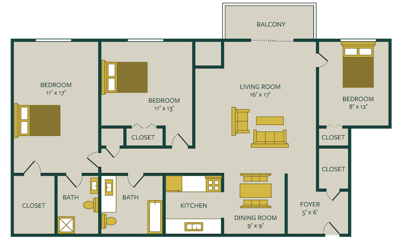three bedroom two bath floor plan