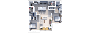 a floor plan of a two bedroom apartment with two bathrooms and a balcony