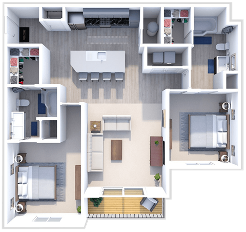 a floor plan of a two bedroom apartment with two bathrooms and a balcony