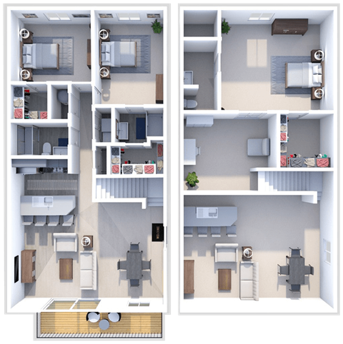 a 3d rendering of two different floor plans of an apartment
