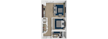 A top-down view of a small, modern bathroom with a toilet, sink, and shelving.