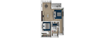 A top-down view of a small apartment with a kitchen, living room, and bathroom.