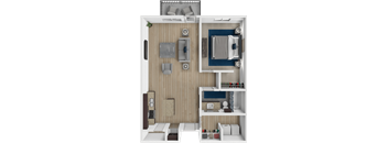 A 3D floor plan of a small apartment with a bedroom, living room, and kitchen.
