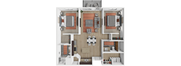 A 3D floor plan of a small apartment with two bedrooms, a living room, and a kitchen.
