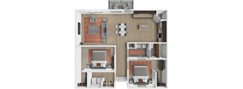 A 3D floor plan of a small apartment with two bedrooms and a living area.