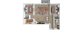 A 3D floor plan of a house showing a kitchen, living room, and two bedrooms.