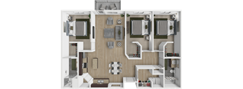 A 3D floor plan of a small apartment with a kitchen, living room, and bedroom.