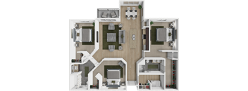 A 3D floor plan of a house with a kitchen, living room, dining room, and bedrooms.
