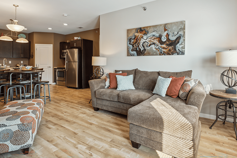 A living room with a grey couch and a wooden floor.