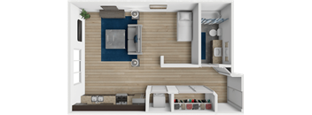 A 3D rendered image of a small apartment with a bed, desk, and kitchenette.