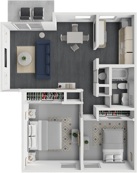 A 3D floor plan of a small apartment with a kitchen, living room, and bathroom.