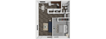 A 3D floor plan of a small apartment with a kitchen, living room, and bathroom.