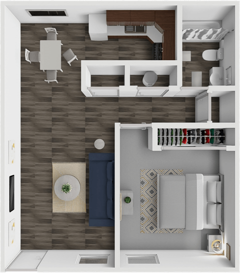 A 3D floor plan of a small apartment with a kitchen, living room, and bathroom.