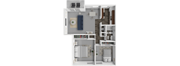 A 3D floor plan of a small apartment with a kitchen, living room, and bedroom.