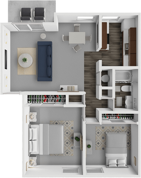A 3D floor plan of a small apartment with a kitchen, living room, and bedroom.