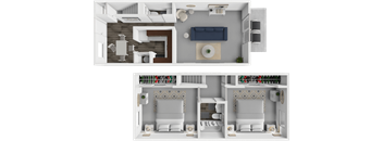 A 3D floor plan of a house with two bedrooms and a living area.