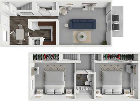 A 3D floor plan of a house with two bedrooms and a living area.