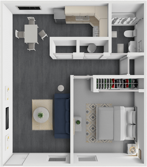 A top down view of a kitchen with a dining table and chairs.