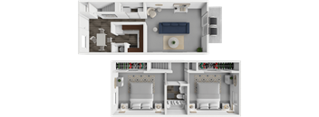 A top-down view of a modern apartment layout with a kitchen, living room, and bedrooms.
