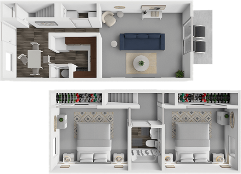 A top-down view of a modern apartment layout with a kitchen, living room, and bedrooms.