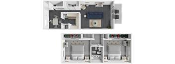 A top-down view of a modern apartment layout with two bedrooms, a living room, and a kitchen.