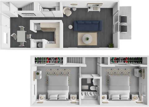 A top-down view of a modern apartment layout with two bedrooms, a living room, and a kitchen.