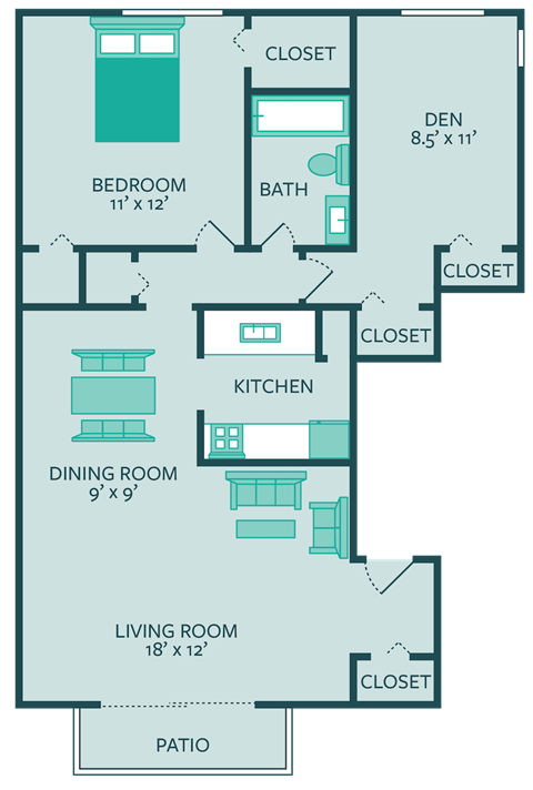 one bed one bath floor plan with den at forest park apartments