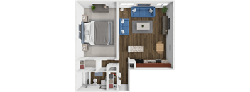 A 3D rendered image of a small apartment layout.