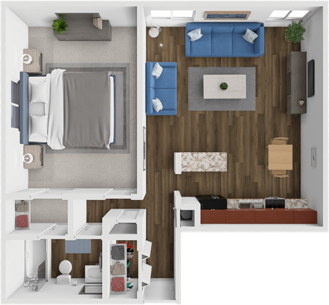 A 3D rendered image of a small apartment layout.