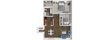 A top-down view of a small apartment layout with a kitchen, living room, and bathroom.