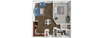 A dollhouse living room with a white sofa and a wooden floor.