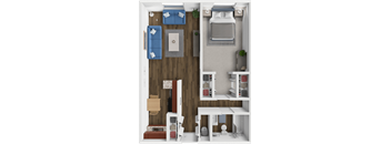 A top-down view of a small apartment with a kitchen, living room, and bathroom.