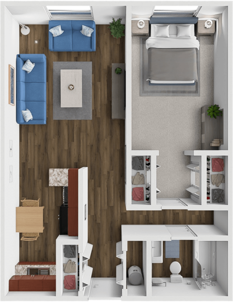 A top-down view of a small apartment with a kitchen, living room, and bathroom.