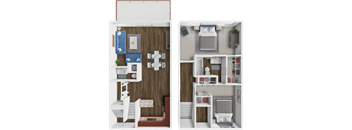 Two images of a dollhouse apartment with a kitchen and living room.