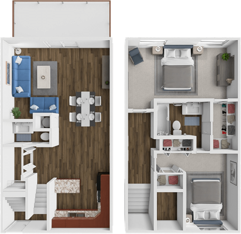 Two images of a dollhouse apartment with a kitchen and living room.