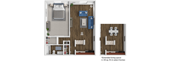 A 3D floor plan of a small apartment with a kitchen, living room, and bedroom.