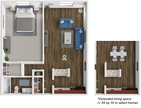 A 3D floor plan of a small apartment with a kitchen, living room, and bedroom.