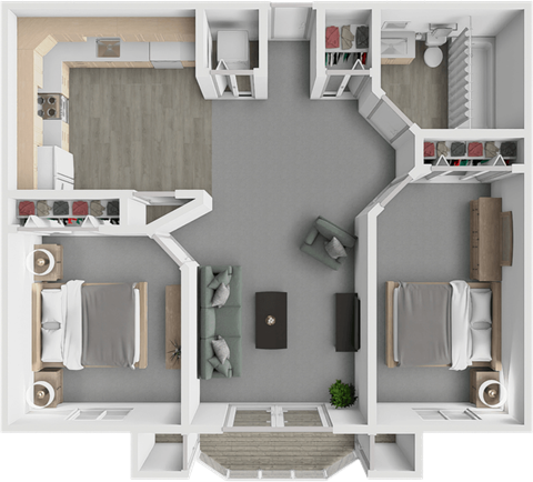 2 bed 1 bath floor plan at Emerald Creek Apartments