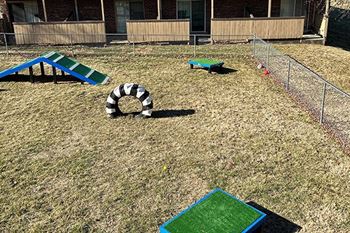 a playground with a zebra plush animal on the grass