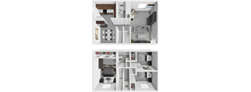 a 3d rendering of a house interior and a floor plan of a apartment
