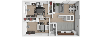a 3d rendering of a floor plan with a bedroom and living room