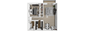 a 3d rendering of a bedroom with a bathroom and a living room