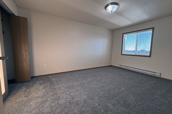 A room with a carpeted floor, a window with blinds, and a door.