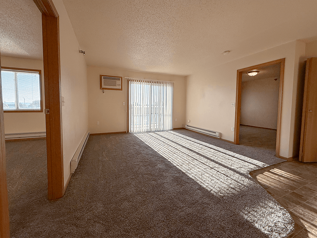 A sunny day with sunlight coming through the blinds in a room with carpet.