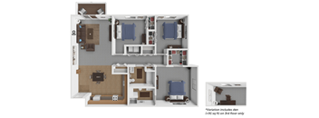 A 3D floor plan of a house with a kitchen, living room, and bedrooms.