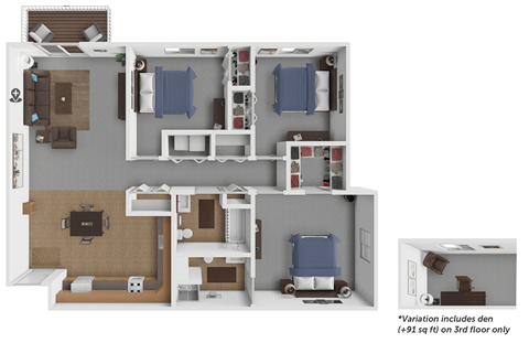 A 3D floor plan of a house with a kitchen, living room, and bedrooms.